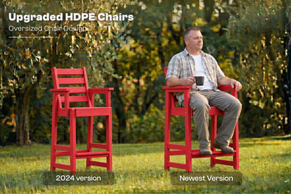 A man sits on a red outdoor chair in a grassy yard, while a second red chair stands beside him. Text at the top reads 'Upgraded HDPE Chairs' and labels the seated chair 'Newest Version' and the standing chair '2024 version'.