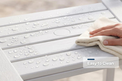 Person cleaning a white outdoor table with water droplets using a cloth, with 'Easy to Clean' text overlay.