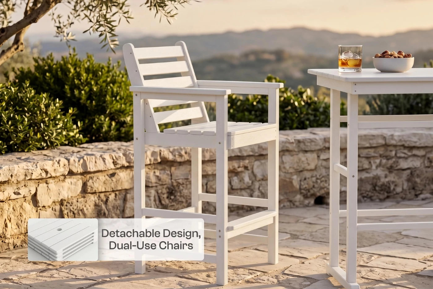 White outdoor chairs and table with scenic background