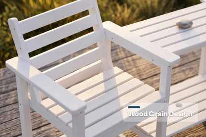 White wooden bench with a table on a wooden deck
