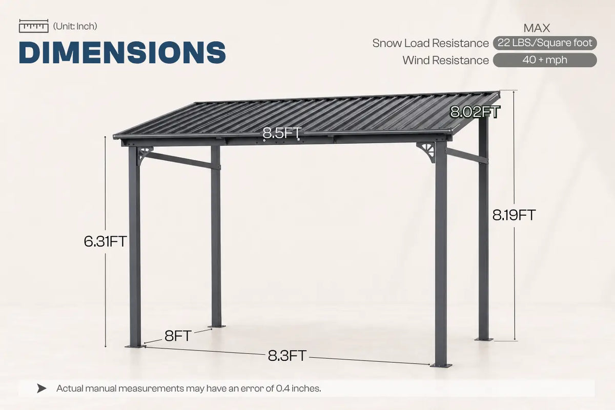 A dimension diagram of a dark gray wall-mounted hardtop gazebo with labeled measurements for width, depth, and height on a light beige background.