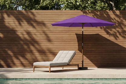 Purple umbrella and beige lounge chair by a poolside with wooden wall background