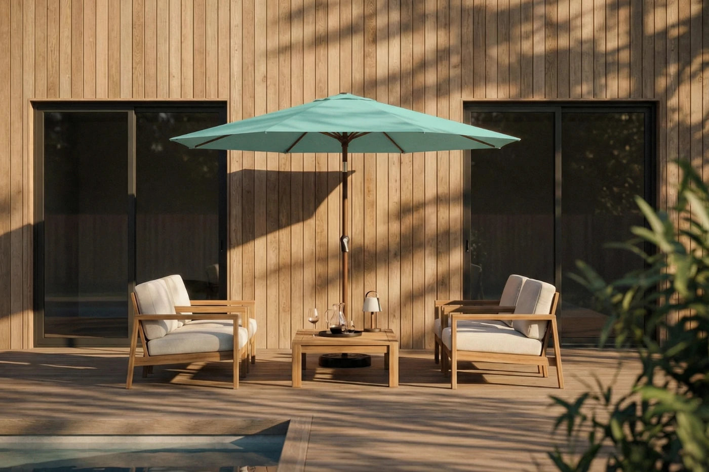Outdoor patio set with two chairs, a table, and a green umbrella against a wooden wall.