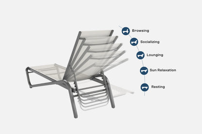 Gray lounge chair with icons and text indicating activities on a white background