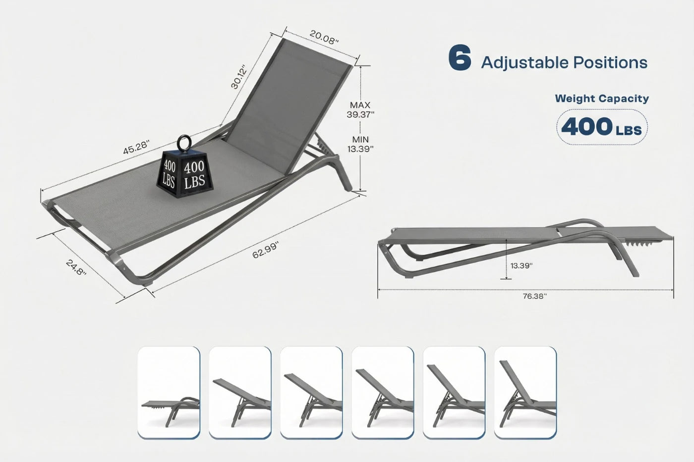 Gray adjustable lounge chair with dimensions and weight capacity details on a white background