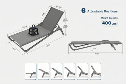 Gray adjustable lounge chair with dimensions and weight capacity details on a white background
