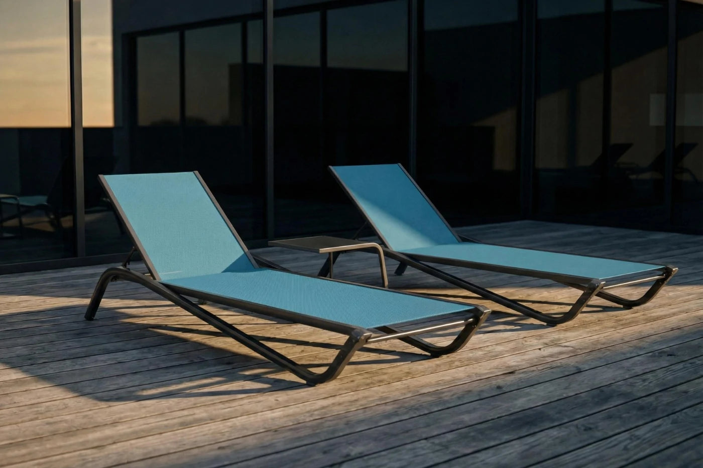 Two blue lounge chairs on a wooden deck with a building in the background.