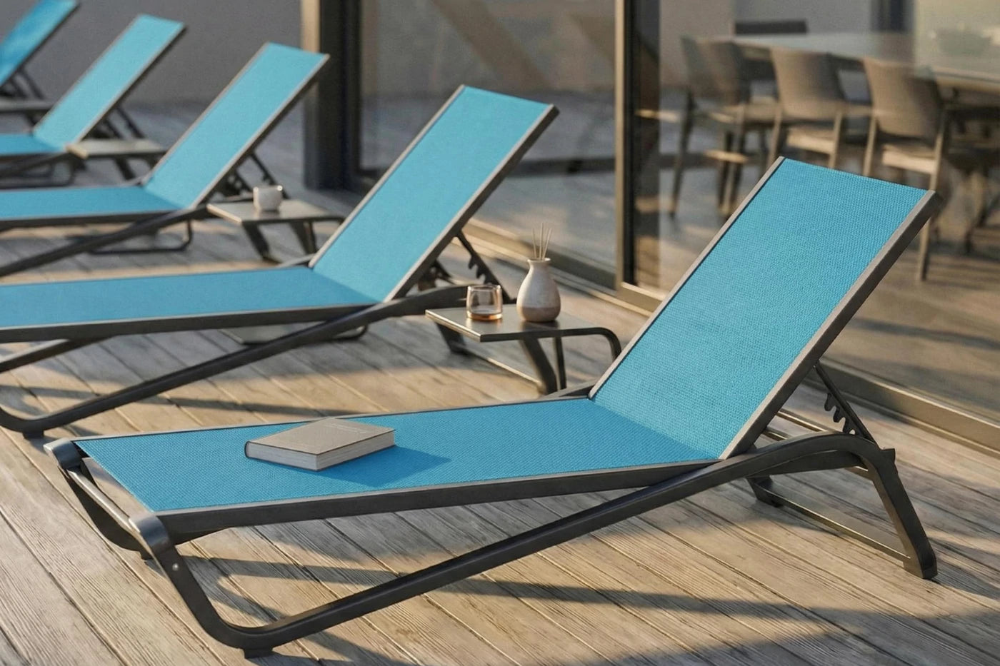 Blue lounge chairs on a wooden deck with a glass of water and a book.