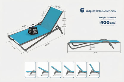 Blue adjustable lounge chair with measurements and weight capacity on a white background