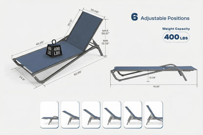 Blue adjustable lounge chair with dimensions and weight capacity on a white background
