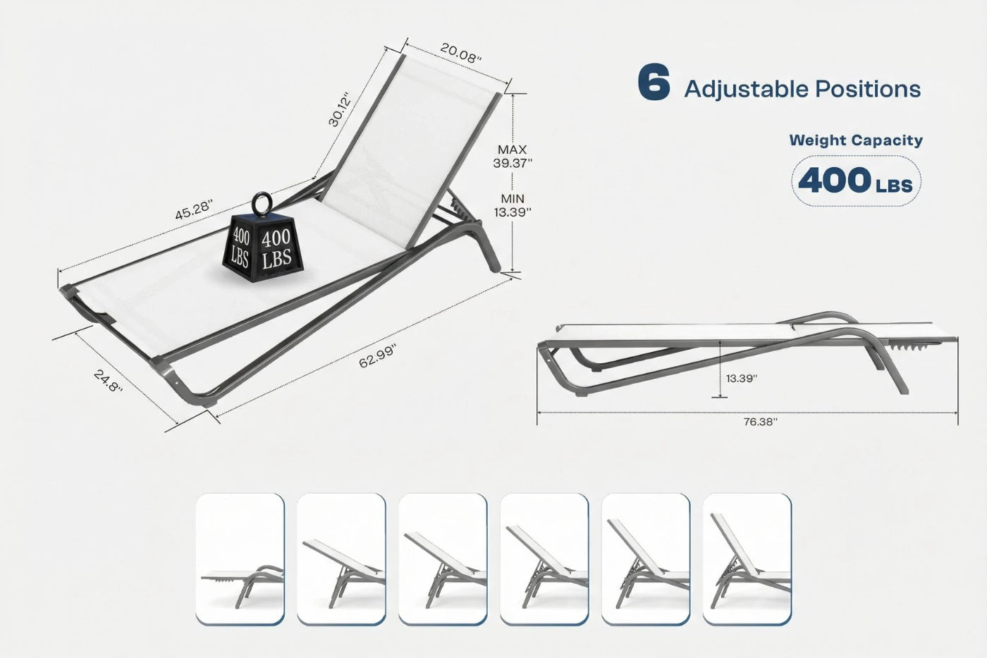 Diagram of a adjustable chair with weight capacity and position illustrations on a white background