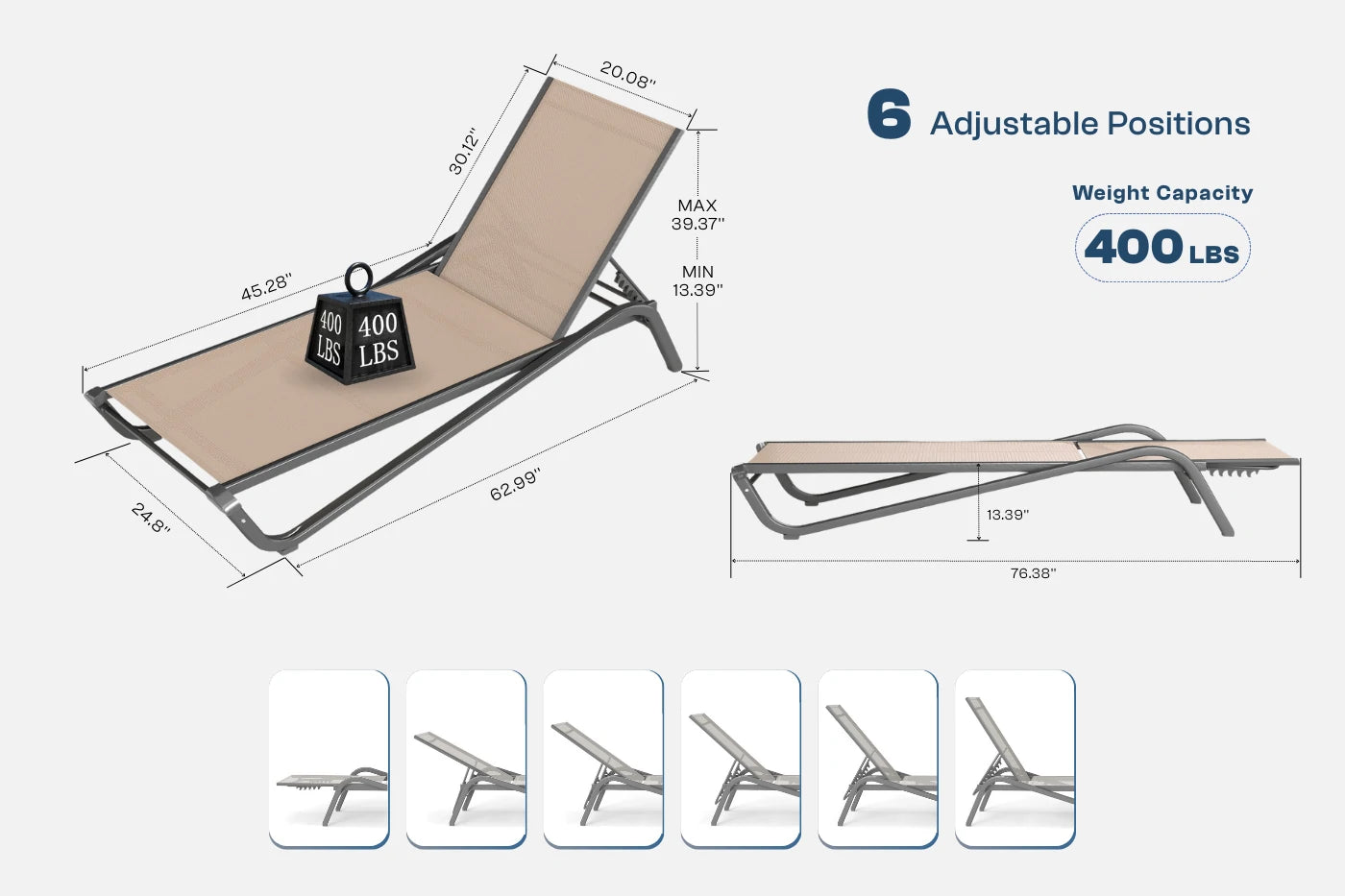 Foldable camping chair with adjustable positions and weight capacity details on a white background