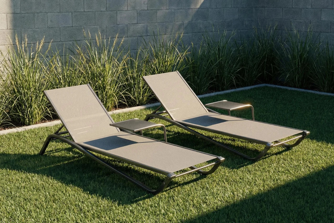 Two beige lounge chairs on grass with a stone wall and plants in the background
