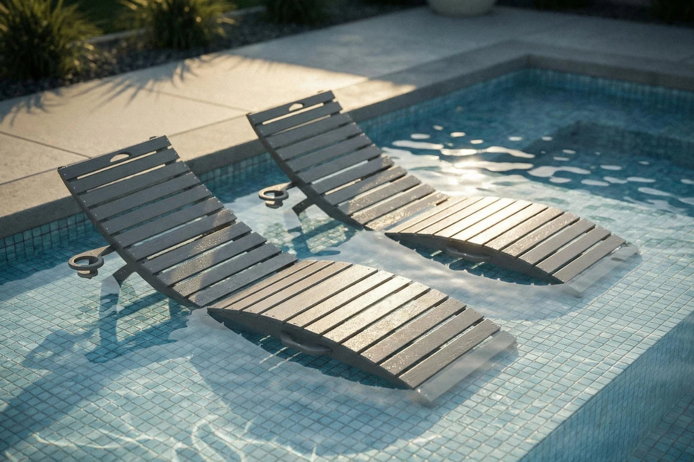Two gray lounge chairs by a pool with water reflecting the chairs.