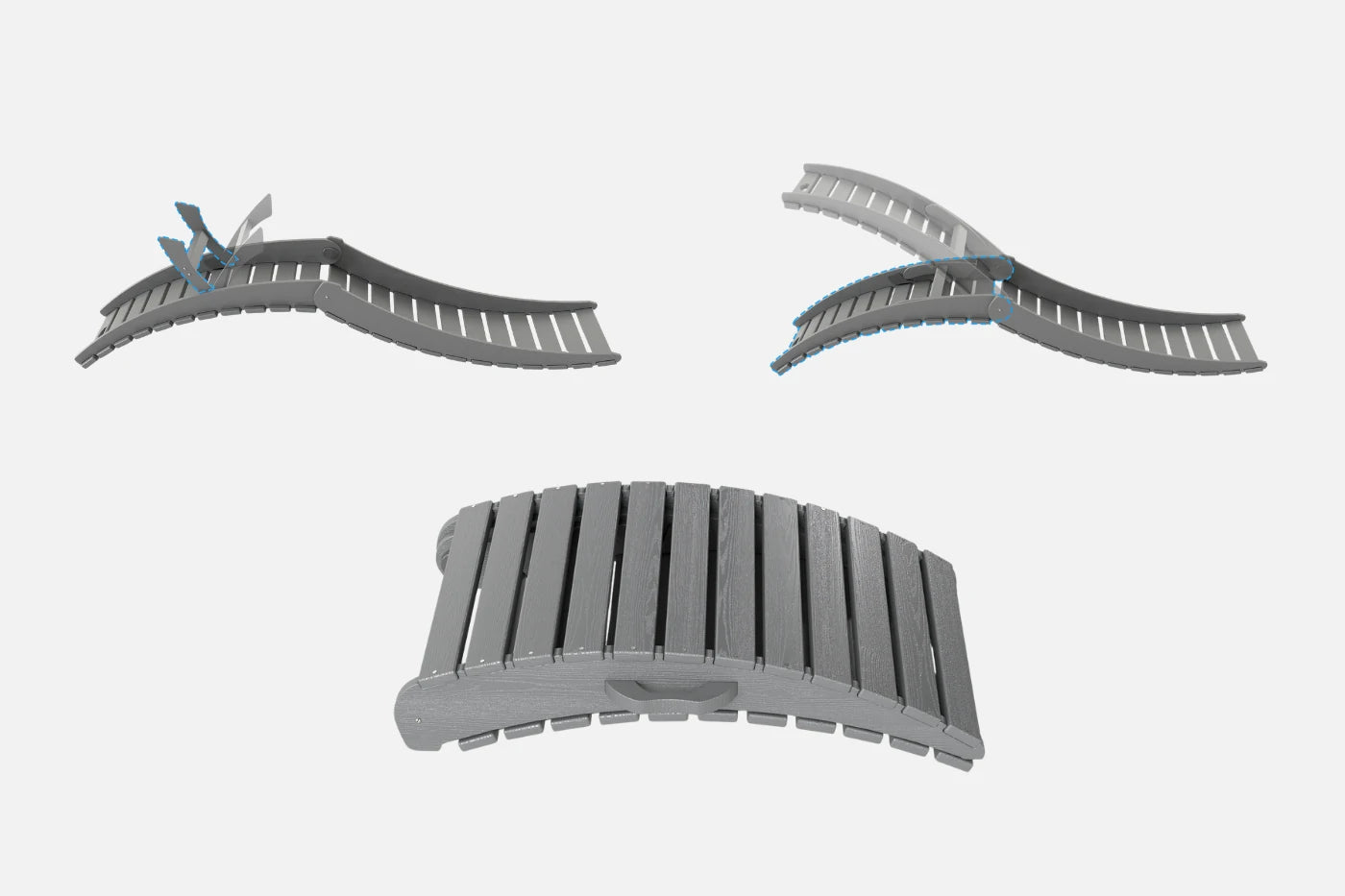 Three gray plastic track pieces on a white background