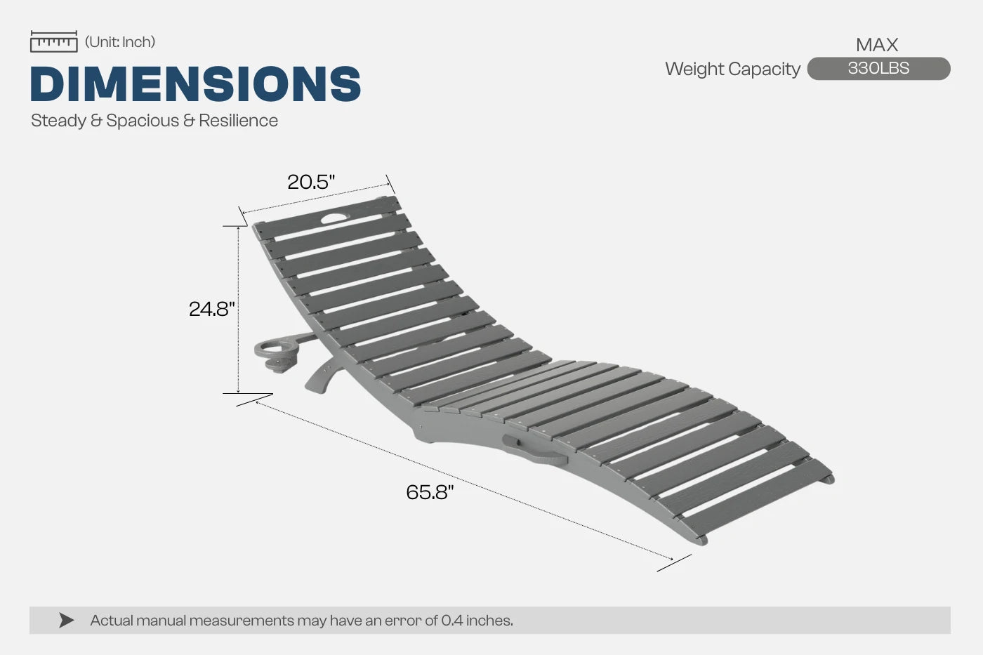 Measurement chart of a lounge chair with dimensions on a white background