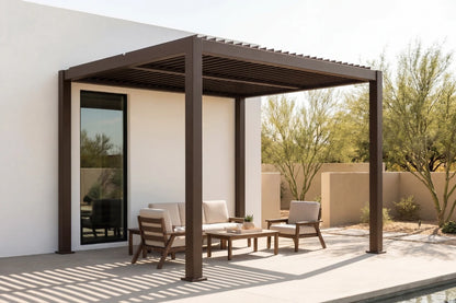 Patio with pergola, outdoor furniture, and desert landscape