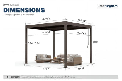 Dimensions of a patio canopy with furniture underneath, labeled 'Patio Kingdom'.