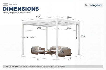 Dimensions of a patio canopy with furniture underneath, labeled 'Patio Kingdom'.