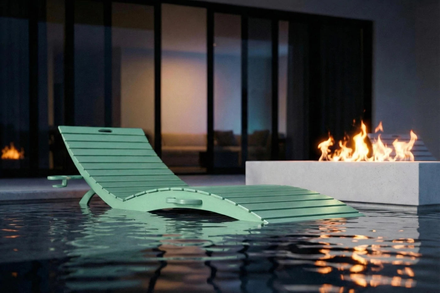 Green lounge chair in a pool with a fire pit in the background