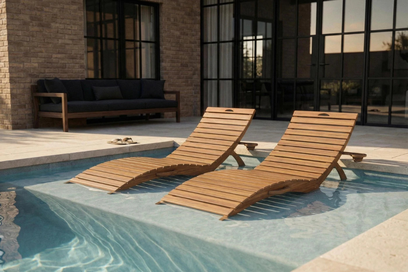 Two wooden lounge chairs by a pool with a building in the background