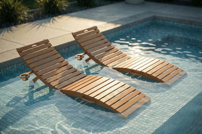 Two wooden lounge chairs by a poolside