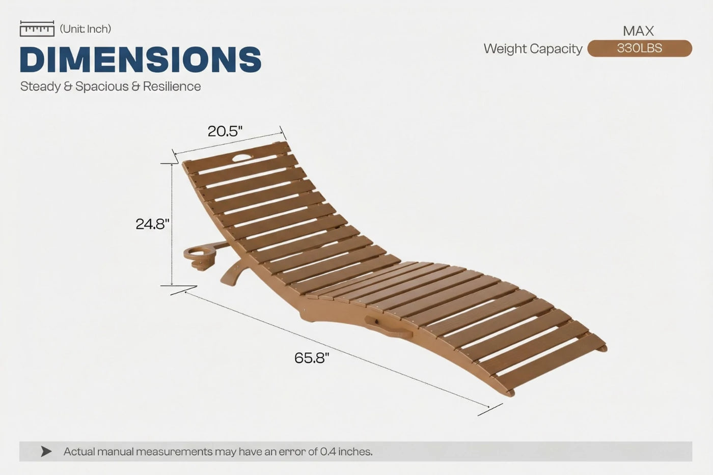 Wooden lounge chair with dimensions and weight capacity on a white background