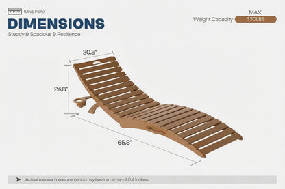 Wooden lounge chair with dimensions and weight capacity on a white background