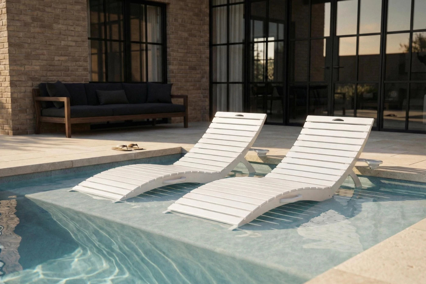 Two white lounge chairs by a pool with a building in the background