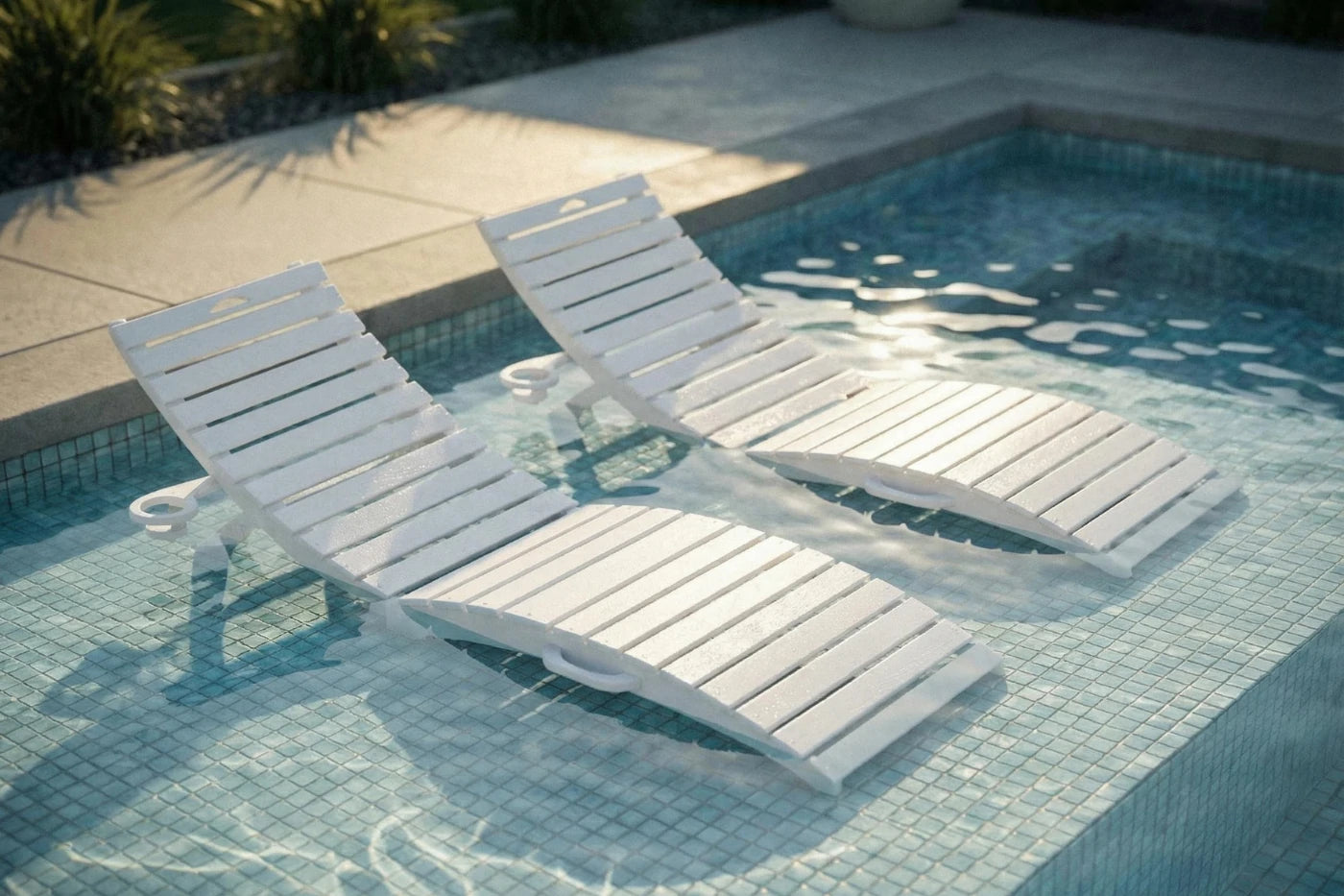 Two white lounge chairs by a poolside