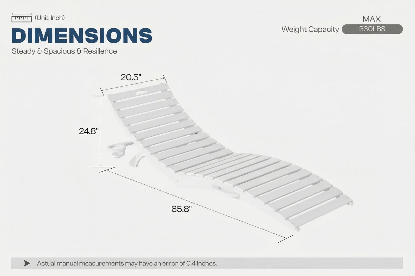 White lounge chair with dimensions labeled on a white background