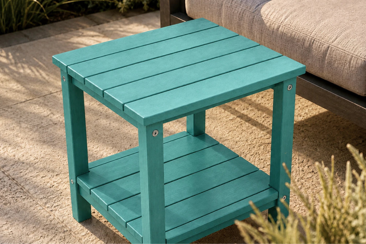 A teal outdoor side table with a two-tier design, shown next to a patio sofa on a stone patio.