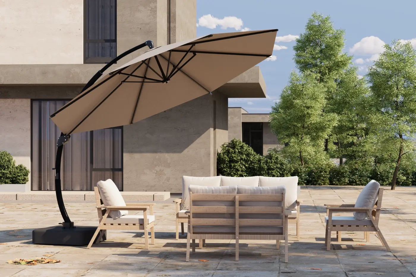 Outdoor patio set with beige umbrella and wooden furniture on a stone patio.