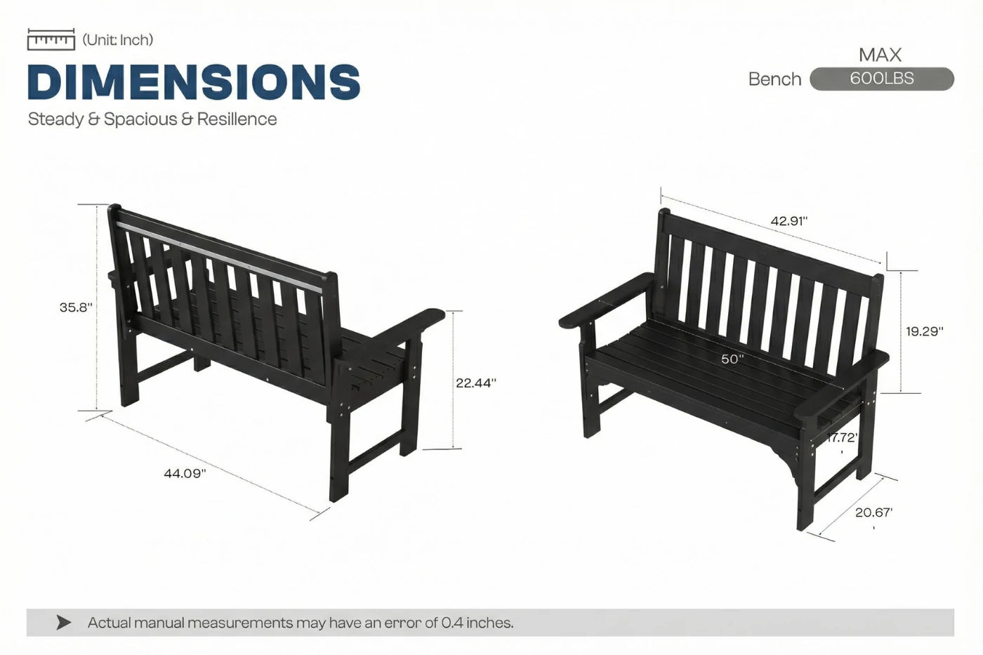 Dimensions of a black bench with measurements on a white background