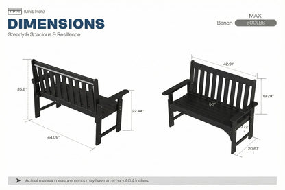 Dimensions of a black bench with measurements on a white background