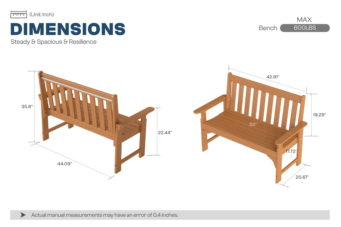 Wooden bench dimensions diagram with measurements on a white background