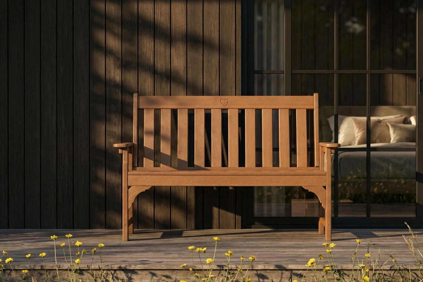 Wooden bench on a wooden deck with a blurred background