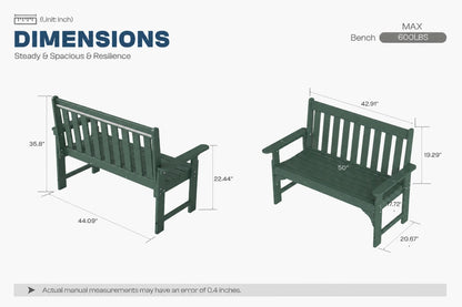 A dimension diagram of a dark green outdoor bench shown from two angles on a light gray background, with labeled measurements, the text 'DIMENSIONS,' 'Steady & Spacious & Resilience,' 'MAX Bench 600LBS,' and a small PUF logo in the top left.