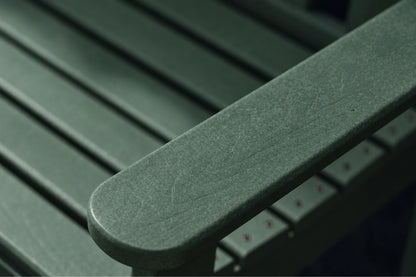 Close-up of a dark green slatted outdoor bench armrest with a textured finish, showing the curved end and parallel slats in the background.
