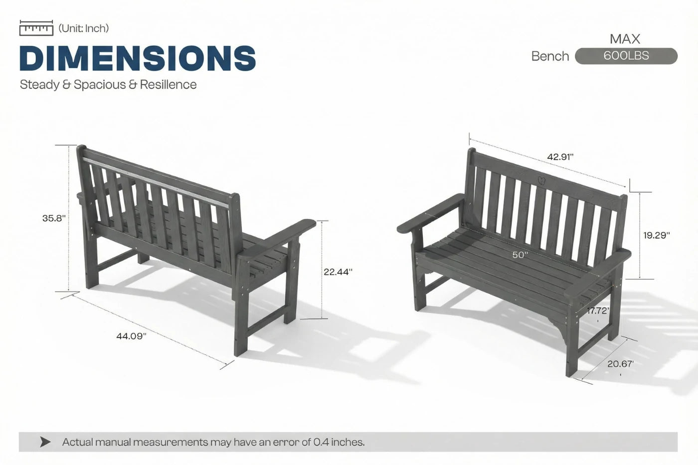 Dimensions of two benches with measurements on a white background