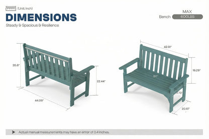 Dimensions of a green bench on a white background
