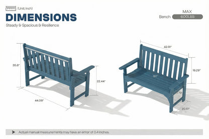 Measurement chart of a blue bench with dimensions on a white background