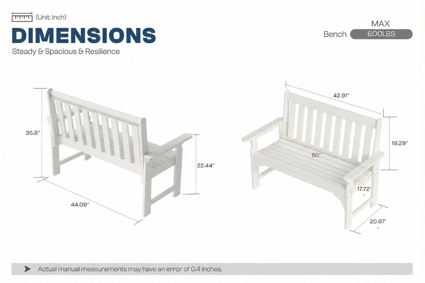 Dimensions of two white benches with measurements on a white background