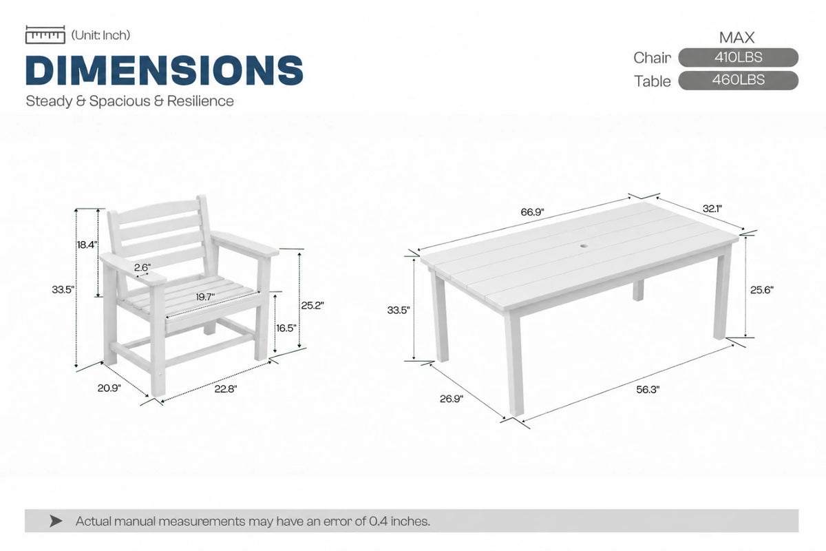 A dimension diagram showing a white outdoor chair and matching rectangular table with labeled measurements, on a light gray background. Text at the top reads 'DIMENSIONS' and includes a small logo and weight information.