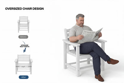 A man sits in a white oversized armchair reading a newspaper on a clean white background, with text and small before/after chair diagrams on the left explaining the chair design.
