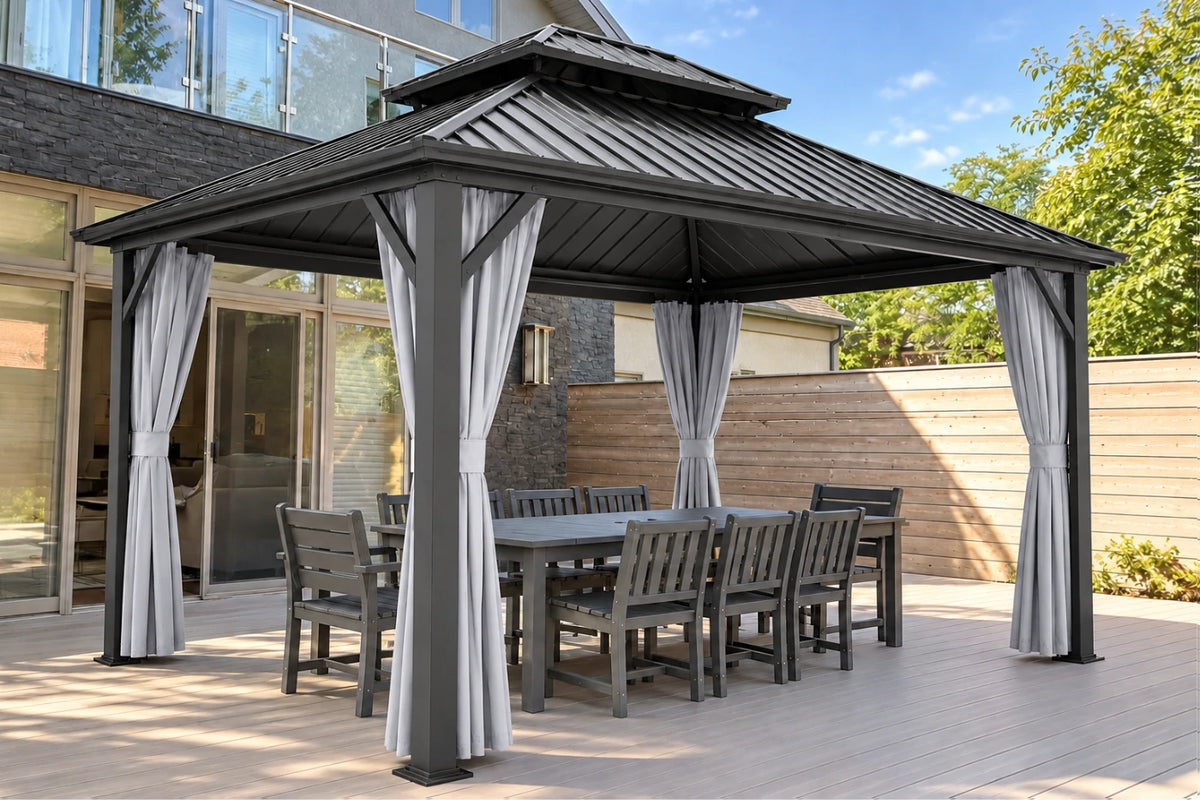 Luxor™ Hardtop Gazebo with Netting and Curtains