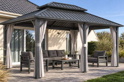 Luxor™ Hardtop Gazebo with Netting and Curtains