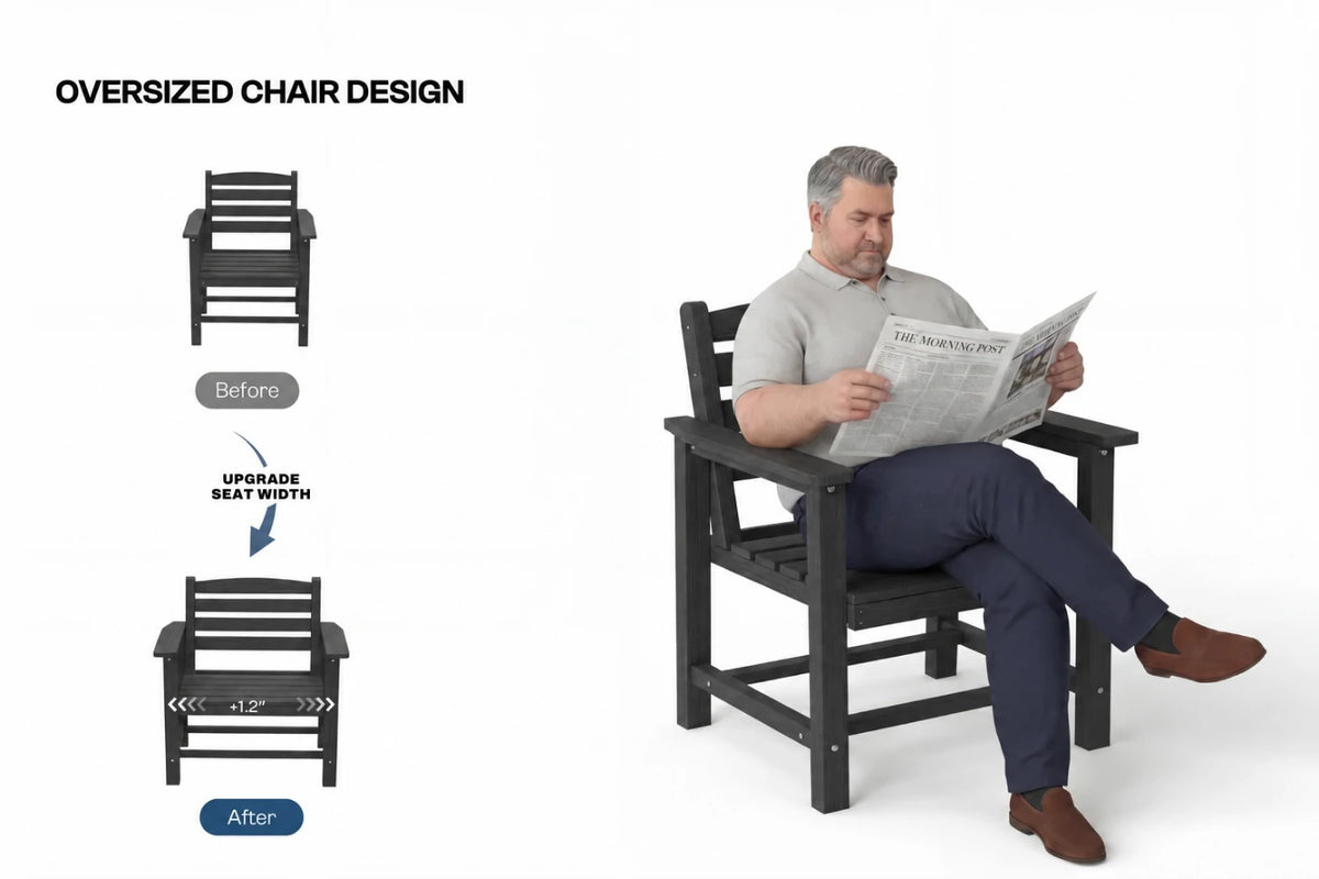 A man sits in a black oversized armchair reading a newspaper on a white background, with a smaller before-and-after chair diagram on the left showing seat width upgrade.