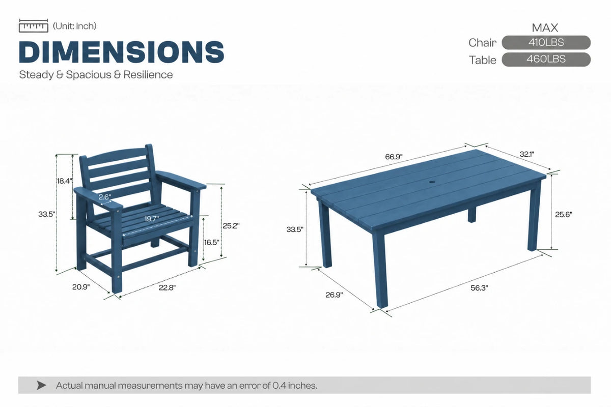 A dimension diagram showing a blue outdoor armchair and matching rectangular table with labeled measurements, on a white background. Text at the top reads 'DIMENSIONS' and includes a small logo and weight capacity information.