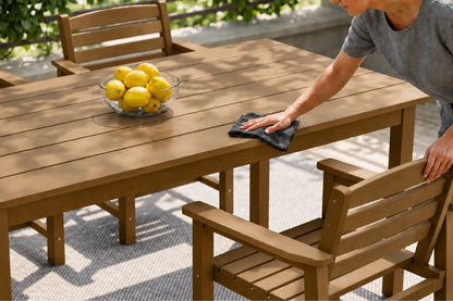 A brown outdoor dining table and matching chairs on a patio, with a person wiping the tabletop with a cloth and a bowl of lemons on the table.